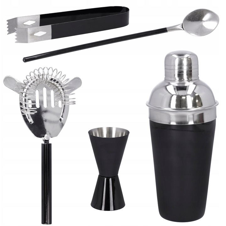 Set Barman Profesionist, 5 Piese, Negru Lucios, Inox