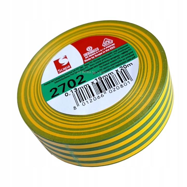 Banda PVC SCAPA 2702 galben-verde 19mm/20m, auto-stingere, VDE, UL