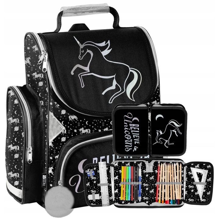 Ghiozdan Fetite Unicorn Clasa 1-3, Set cu Penar