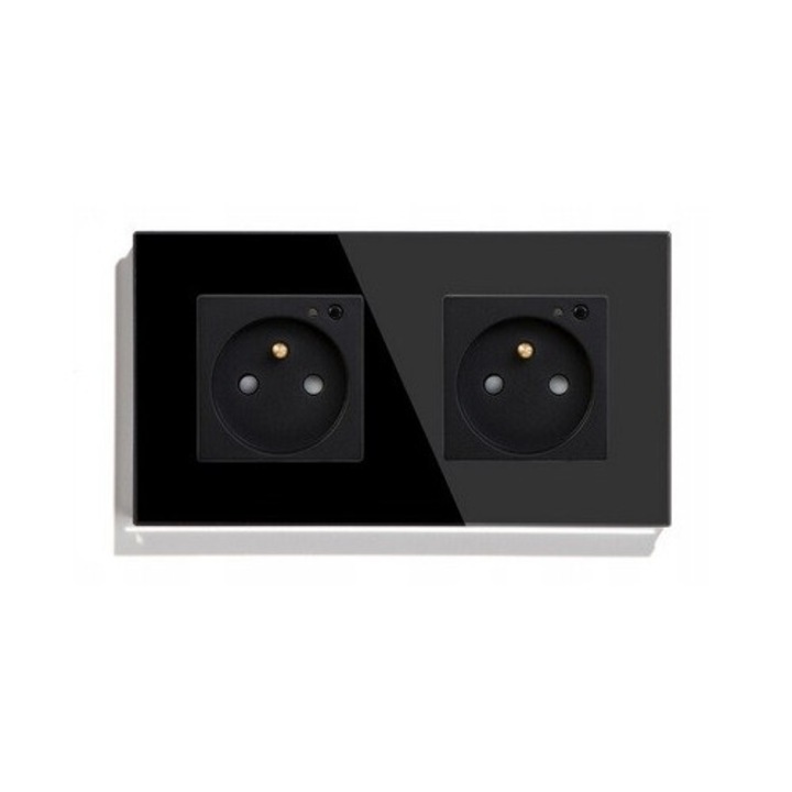 Priza Dubla Smart WiFi Sticla Neagra TUYA 16A