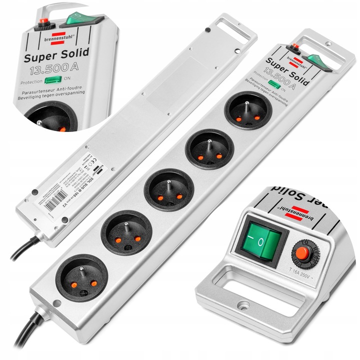 Prelungitor Brennenstuhl Super-Solid, 5 prize, protectie impotriva supratensiunii 13.500A, 2,5m, argintiu