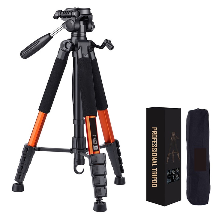Trepied Foto Telescopic Reglabil, Duueyct, Ajustare de Nivel 4, 50-187CM, Cap 3-Way, Rotatie 360 Grade, Telecomanda Bluetooth, Suport de Telefon Smartphone, Greutate Maxima Suportata 5 kg, Portocaliu/Negru
