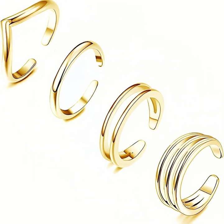 Set 4 inele de deget auriu, BOMSTOM, design minimalist, ajustabile, fara pietre, cupru