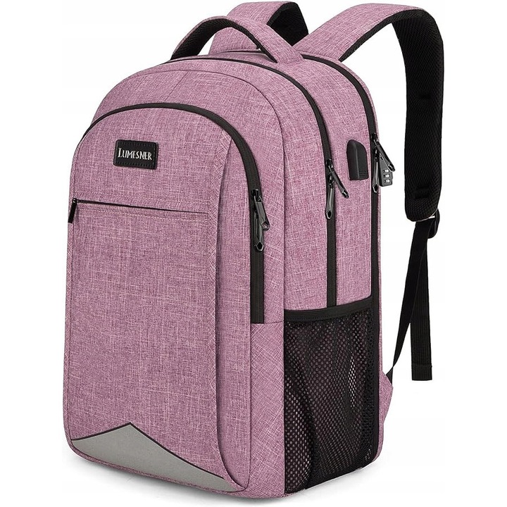Rucsac Lumesner Roz, 15.6", cu Port USB, Antifurt, Impermeabile