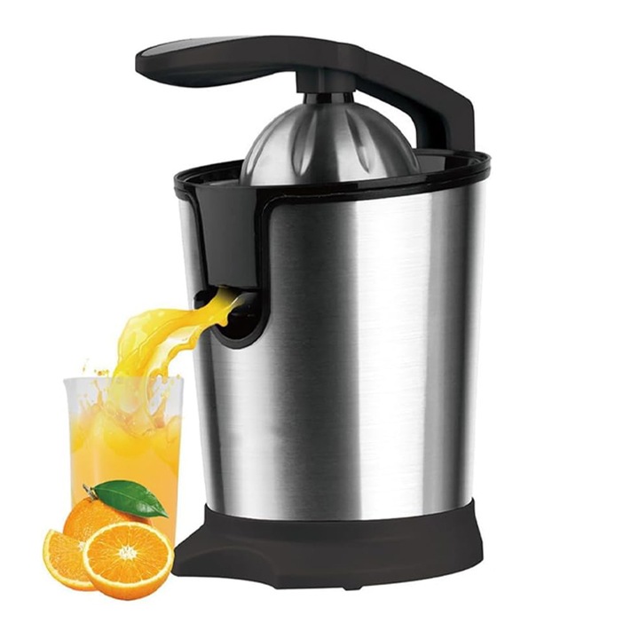 Storcator Electric Citrice, Omelivon, 180W, Anti-picurare, Corp si Sita Inox, Stoarcere Continua, Brat pentru Presare, Usor de Curatat, BPA-Free, Design Compact, Negru/Argintiu