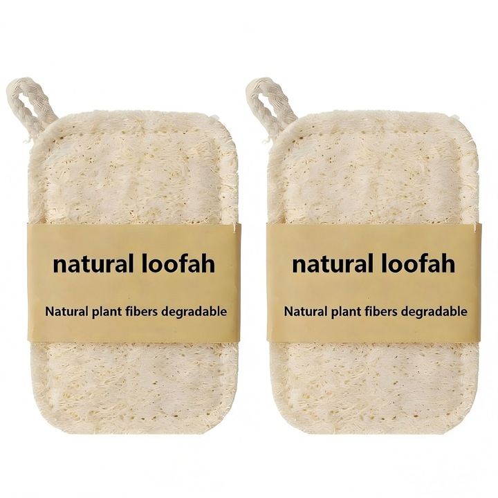 Set 2 bureti din loofah natural - lavete ecologice pentru vase cu suprafata antiaderenta, biodegradabili, 13x8cm