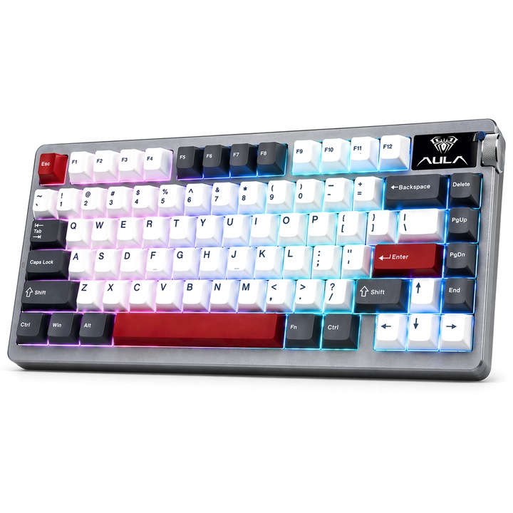 Tastatura mecanica AULA NOVA75, 75%, tri-mode (Bluetooth/2.4G/USB-C), RGB, ecran 1,14” + buton rotativ