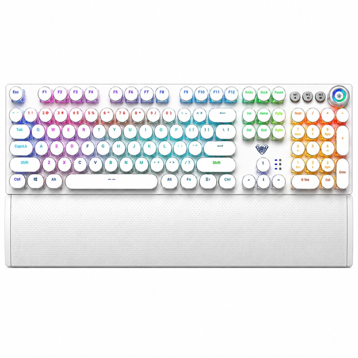 Клавиатура Gaming AULA F2088, USB (с кабел), 104 клавиша, RGB осветление, въртящ се бутон, сребрист цвят, с подложка за китки