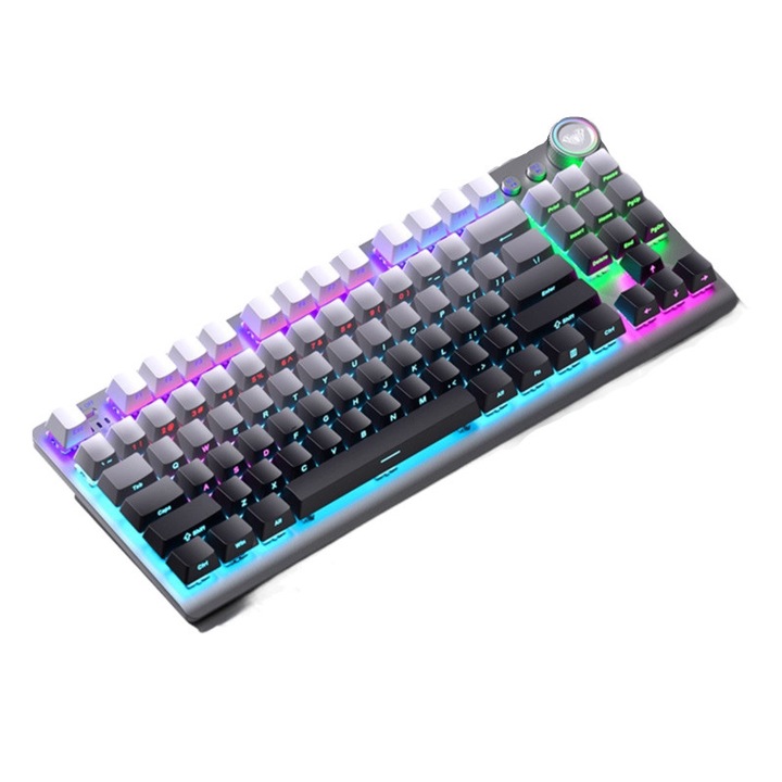 Механична клавиатура AULA F3001, TKL 87 клавиша, 3 режима (Bluetooth/2.4G/USB-C), RGB подсветка, ротационен бутон, капачки на клавиши в сив градиент (Grey Gradient)