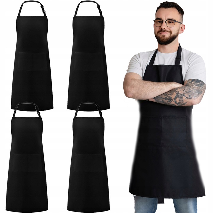 Set 4 Sorturi de Bucatarie Negre Profesionale cu Buzunar