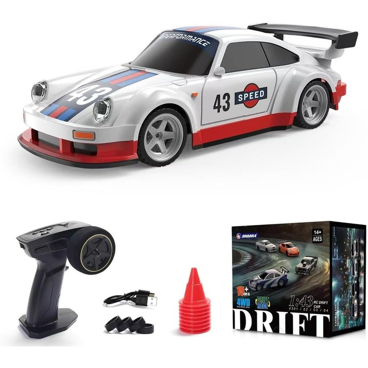 Masinuta de drift 1/43, cu caroserie detaliata, 4x4, viteza maxima 15 km/h, alimentare cu baterie litiu, set complet.
