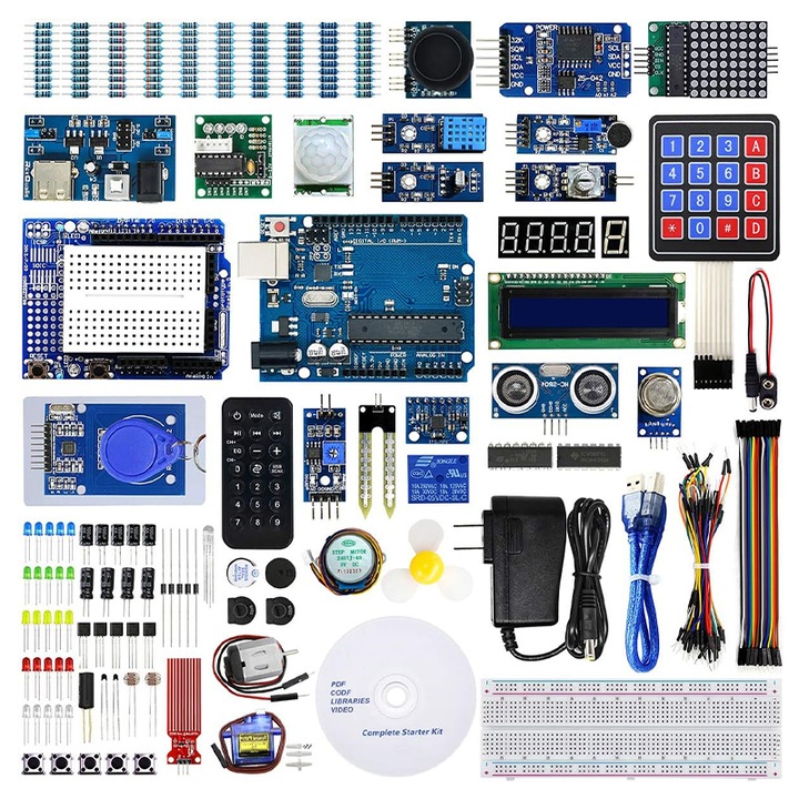 Kit de programare UNO R3, Duueyct, Kit start componente electronice, Compatibil cu Arduino IDE, 67 componente, 223 de componente, Tabla de baza de inalta calitate, Senzori, Display LCD, Telecomanda, Componente pentru Incepatori, Tutoriale CD incluse