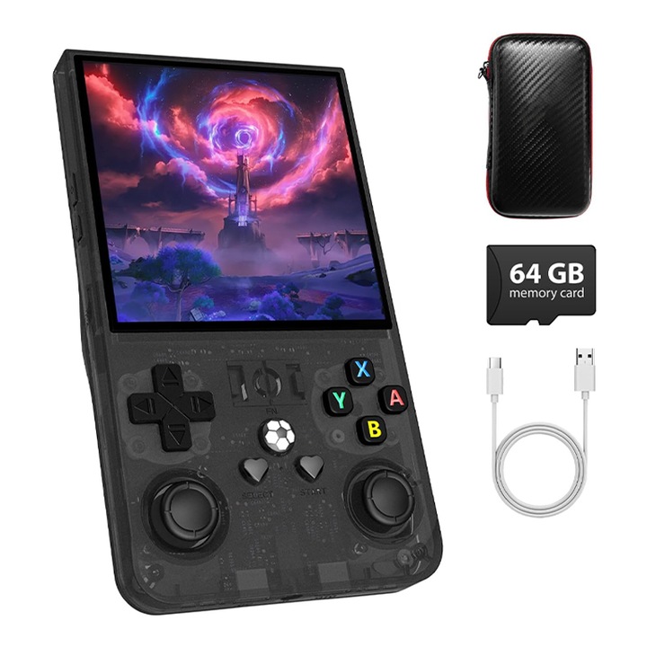 Consola de jocuri portabila R36 MAX, Omelivon, 4.0" IPS, 64GB, 18.000+ jocuri preinstalate, 30+ simulatoare, Sistem Linux, Baterie 4000mAh, Arcade portabila de buzunar, Joystick-uri 3D, Multiplayer Wireless, Lesire Video/Audio, Negru