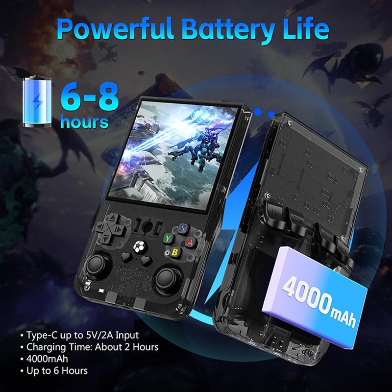 Consola de jocuri portabila R36 MAX, Omelivon, 4.0" IPS, 64GB, 18.000+ jocuri preinstalate, 30+ simulatoare, Sistem Linux, Baterie 4000mAh, Arcade portabila de buzunar, Joystick-uri 3D, Multiplayer Wireless, Lesire Video/Audio, Negru