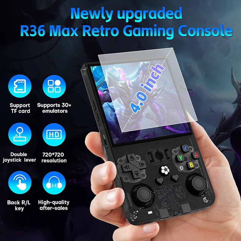 Consola de jocuri portabila R36 MAX, Omelivon, 4.0" IPS, 64GB, 18.000+ jocuri preinstalate, 30+ simulatoare, Sistem Linux, Baterie 4000mAh, Arcade portabila de buzunar, Joystick-uri 3D, Multiplayer Wireless, Lesire Video/Audio, Negru