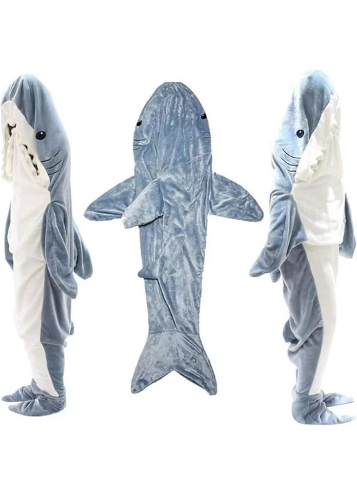 Pijama unisex, forma rechin, albastru/alb