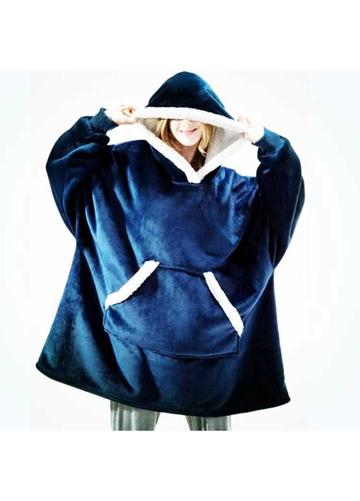 Fürdőköpeny, extra nagy méretű kapucnis takaró, polár, kék