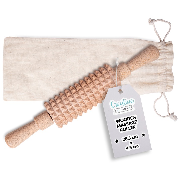 Дървен масажен ролер Creative Home, 28.5x4.5cm, за антицелулитен масаж, ергономични дръжки, в комплект с памучна торбичка