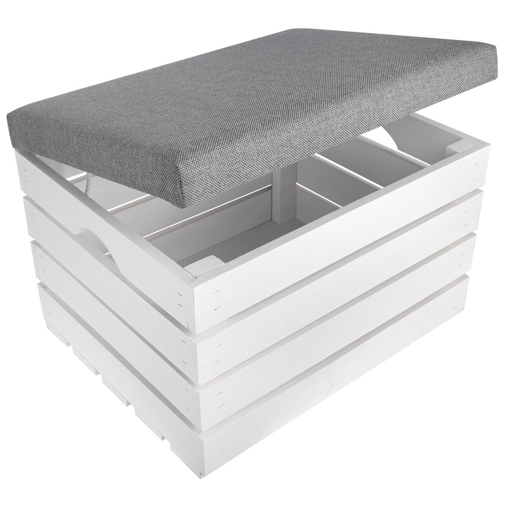 Дървена пейка-сандък с тапицирана седалка, бял цвят 50 x 40 x 35 cm, Creative Deco, кутия за съхранение за обувки, одеяла и играчки