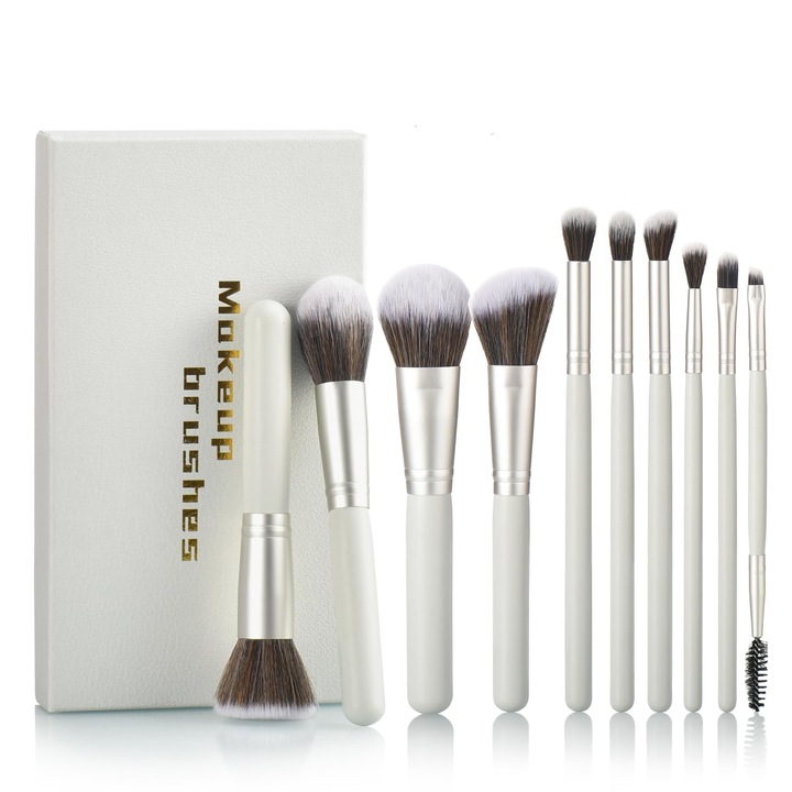 Set cadou cu 10 pensule de machiaj YYHengCMU, cutie cadou de lux premium, peri moi din nailon si manere din lemn masiv, fond de ten/fard de ochi/fard de obraz, cadou pentru pasionatii de machiaj, alb
