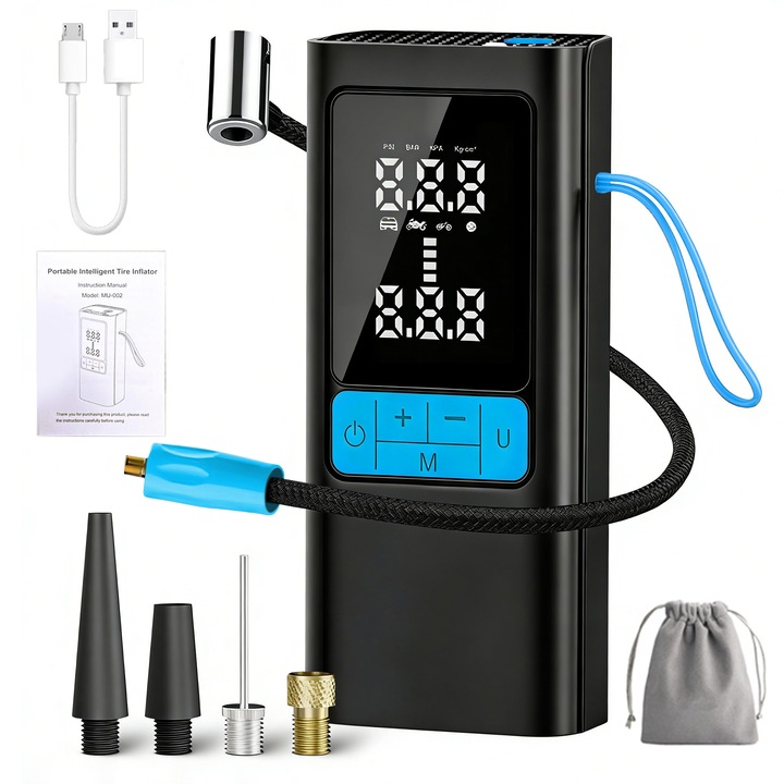 Compresor auto portabil, YYHengCMU, 115W, 150 PSI, acumulator 6000mAh, incarcare USB, cu lumina integrata, Iluminat de urgenta, Afisaj digital, multifunctional, potrivit pentru masini/biciclete/mingi/colace de inot，negru/albastru