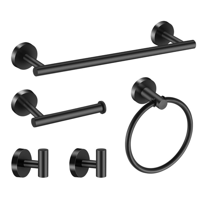 Set de accesorii pentru baie 5 piese, YYHengCMU, suporturi din inox, bara pentru prosoape 40cm, suport pentru hartie igienica, carlige pentru prosoape, inel pentru prosoape, Negru