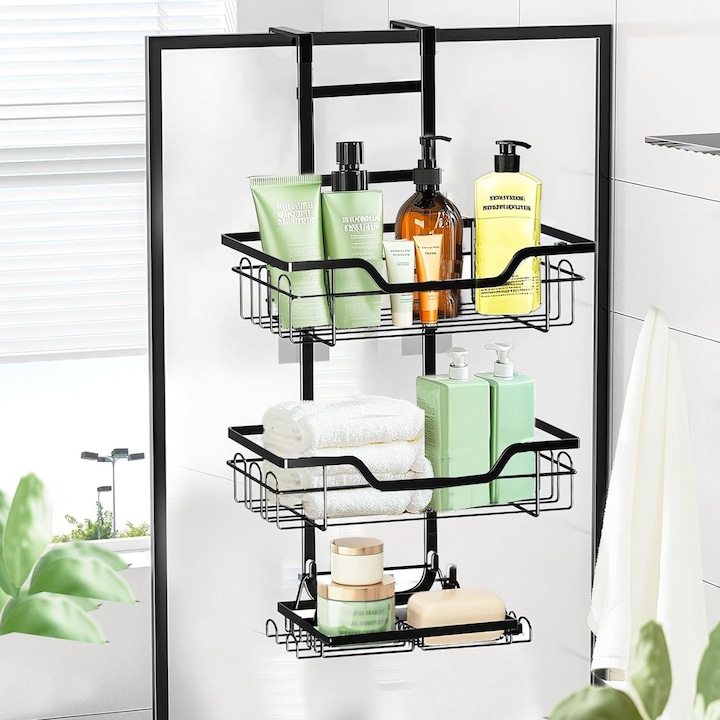 Етажерка за баня, Asskanaer, рафт за душ, окачен, 3 рафта, лесен монтаж без пробиване, със стойка за сапун и кукички, за съхранение в кухня, органайзер за баня, метален, 31 * 62 * 12 см, черен