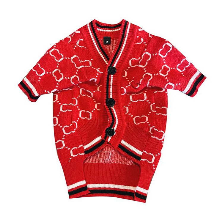 Pulover tricotat caini/pisici cu imprimeu elegant si nasturi, Rosu, M