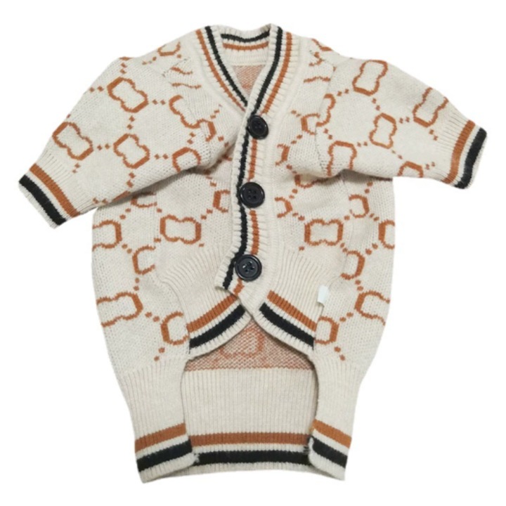 Pulover tricotat caini/pisici cu imprimeu elegant si nasturi, Crem, M