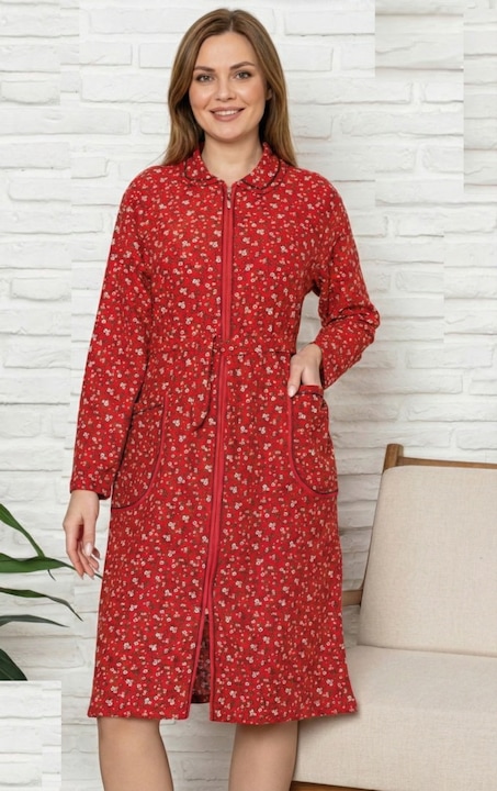 Capot de casa pentru femei maneca lunga si buzunare, cordon in talie 8015 13522, Rosu