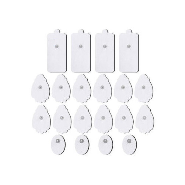 Set 20 Paduri Electrozi Gel, pentru Aparat De Masaj Cu Electrostimulare / Fizioterapie, DEISNGB, reutilizabile，compatibile cu toate aparate de electrostimulare si fizioterapie TENS, EMS de pe piata, interfata 2.0，Diverse dimensiuni, non-iritanti, Alb