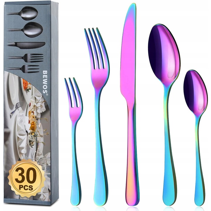 Комплект цветни прибори за хранене от 30 части за 6 души, неръждаема стомана, многоцветни