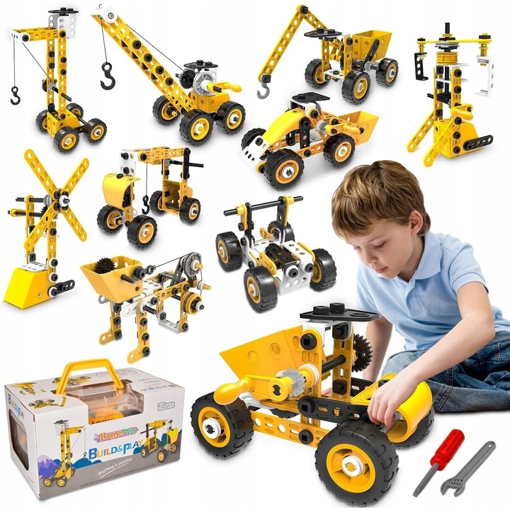 Set de constructie 10 in 1, buldozer, macara, multicolor, 100 piese