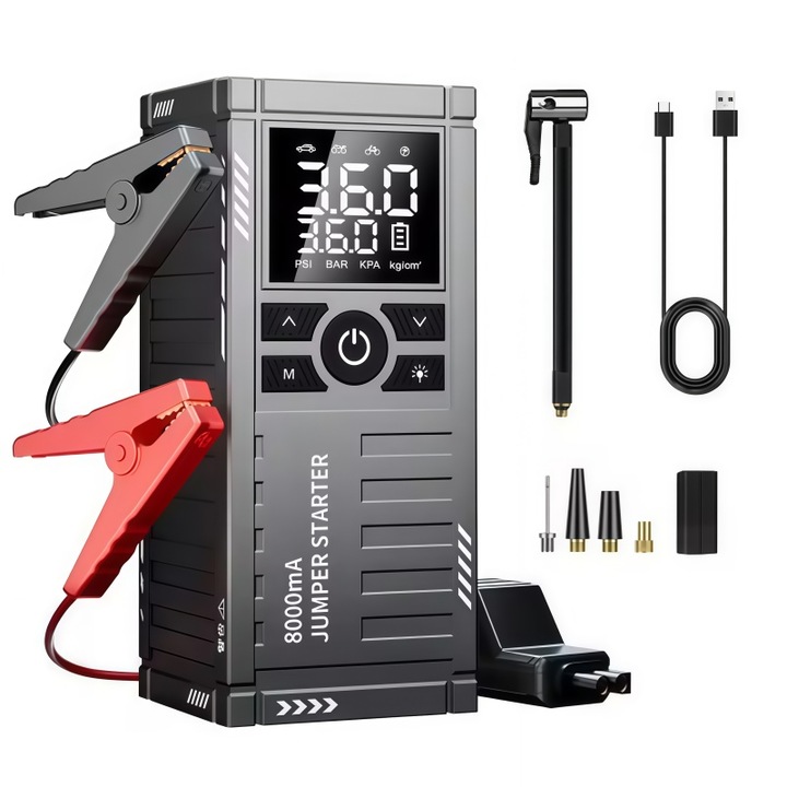 Starter auto portabil cu compresor integrat, AjieQaQ®, 4500A, 8000mAh, pompa 150PSI, compatibil benzina/diesel pana la 3.5L, 2-in-1 umflare/incarcare, 65W, incarcare rapida, lanterna LED, cleme inteligente, portabil si eficient