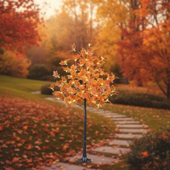 Декоративно LED дърво 120 см, клен с оранжеви листа, есенна декоративна лампа, с топла светлина