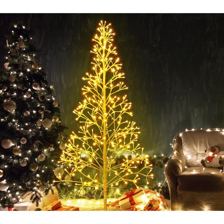 Pom de Sarbatori Alb, 180cm, 384 LED-uri, Lumina Calda, Structura Metalica, Alimentare priza 220V