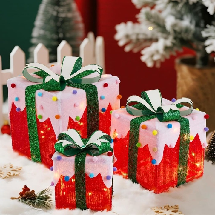 Set 3 Cutii Cadou Craciun Luminate LED Rosu cu Alb - Decor Interior Exterior, 8 Moduri, Telecomanda