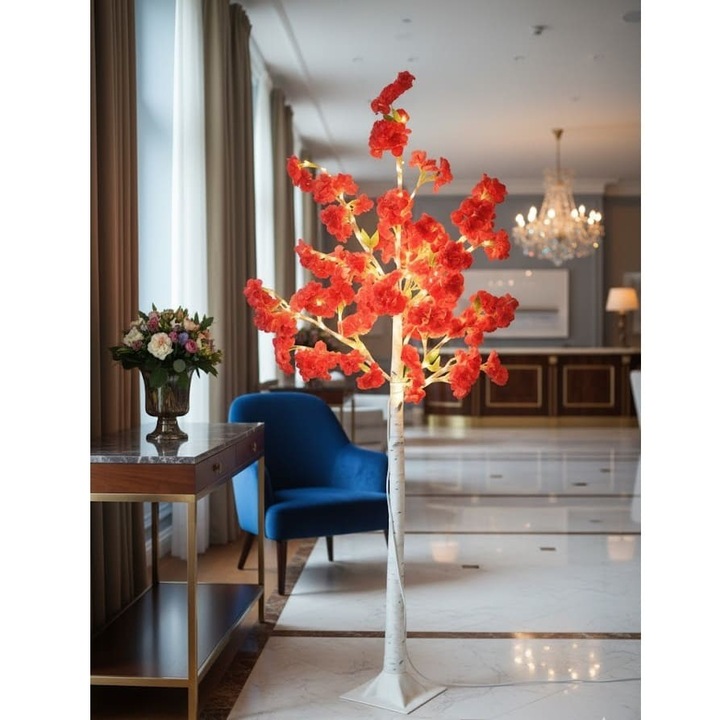 Декоративно дърво Сакура, светещо, 150 см, 180 LED, червени черешови цветове, с дистанционно управление и адаптер - LED декоративно дърво