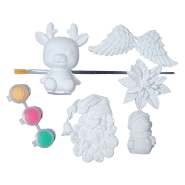 Set ceramic Craciun, opt piese, Mos Craciun, Ren, Om zapada, Craciunita, Aripi de inger, vopsea acrilica, Figurina cadou, Secret Santa sticker cu mesaj de la Polul nord, multicolor