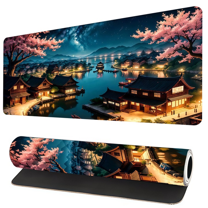 Mouse pad de gaming cu tematica anime, covoras mare antiderapant pentru birou, 90x40 cm, margini ingrosate, culori multiple