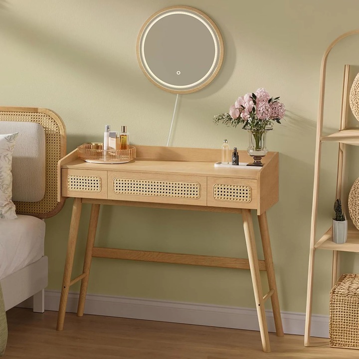 Masuta de toaleta cu oglinda iluminata LED, 3 sertare aspect ratan, stil boho, MDF si lemn, 88x43x82 cm, bej