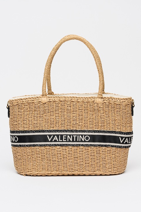Valentino Bags, Geanta shopper din paie de hartie cu banda logo, Negru, Maro deschis