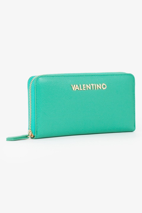 Valentino Bags, Portofel de piele ecologica cu fermoar si aplicatie logo metalica Divina, Turcoaz