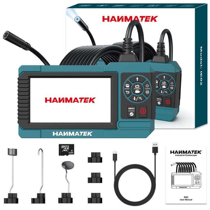 Endoscop industrial Profesional HANMATEK® 1080P, IP67, SD de 32 GB inclus, acumulator 2600 mAh, ecran TFT de 4, 3 inci, cablu flexibil de 5 m, camera de 8 mm cu iluminare LED reglabila, inregistrare foto/video, incarcare USB-C