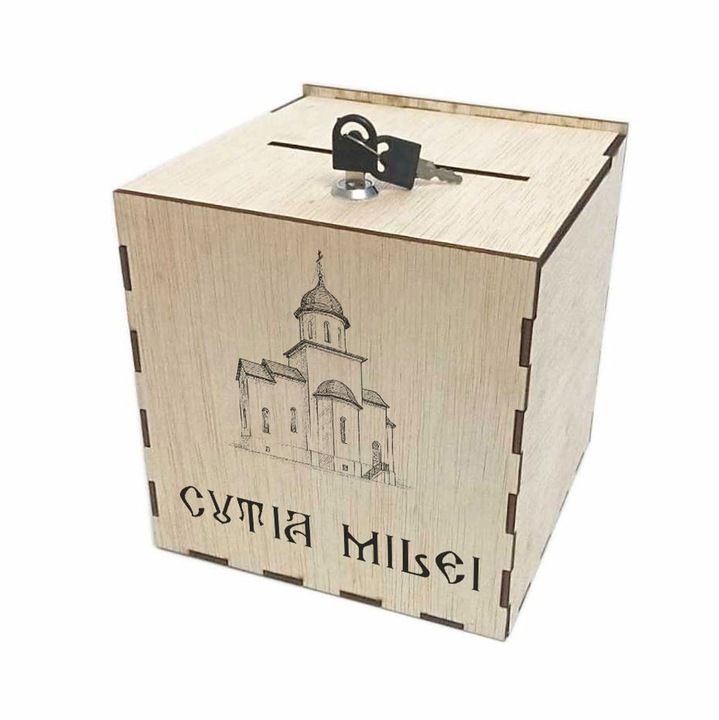 Cutie donații pentru biserică, 25x25x25cm, cu capac, sistem de închidere cu yala
