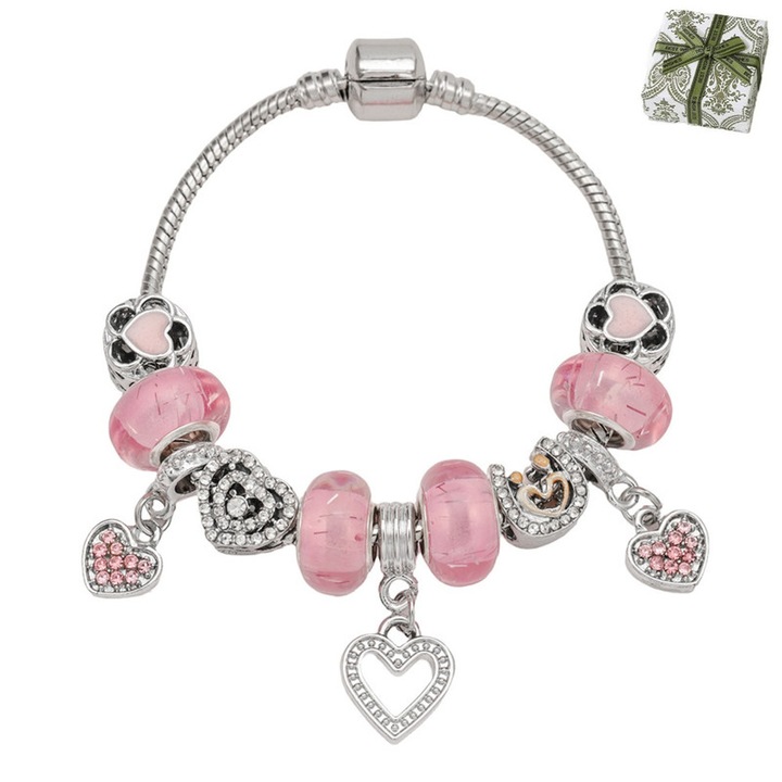 Bracel de femei, culorii argint, include cutie de bijuterii si pachet de cadou, lungime ajustabila, cu pendanta de forma de inima