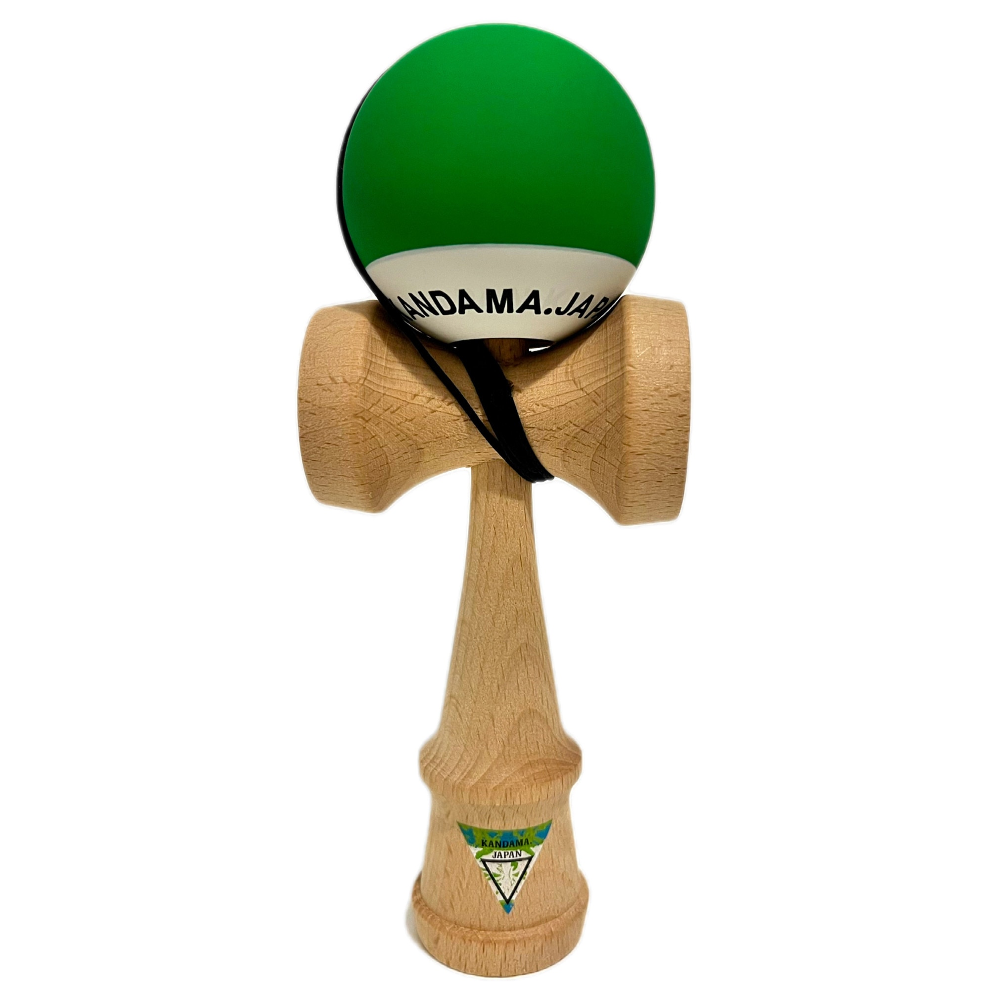 Kendama verde, cu grip din cauciuc și ata lungă, jucărie