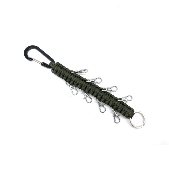 Kulcstartó/Karkötő Multi-Tool Paracord 7-magos, Többfunkciós Karabiner, Katonai Zöld, Állítható Méret