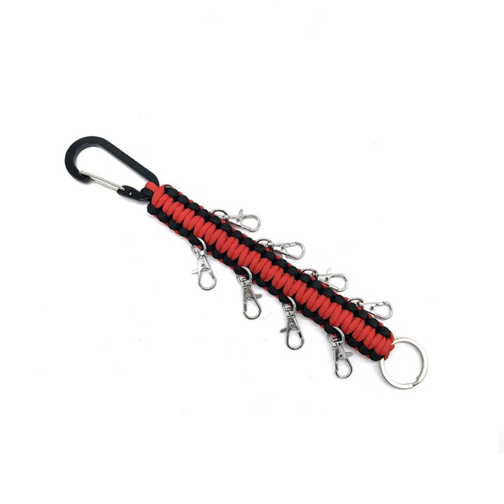 Breloc/Karkötő Multi-Tool Paracord 7-magos, Fonott, Többfunkciós Karabiner, Fekete és Piros Színű