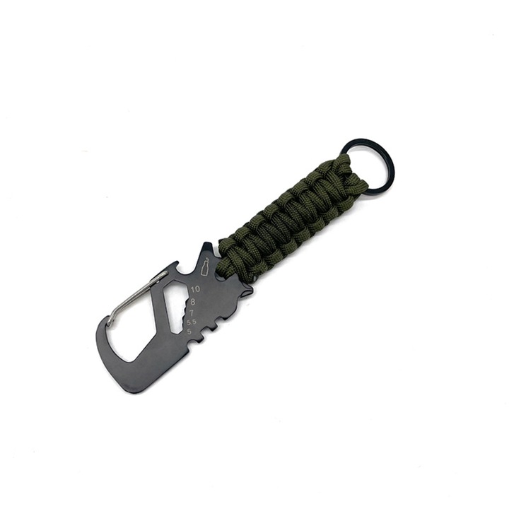 Többfunkciós kulcstartó sörnyitóval, 7-magos Paracord, katonai zöld színű, kompakt méret